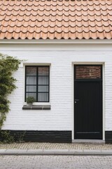 Naklejka premium A delightful white house featuring a striking black door and windows is nestled amidst lush greenery in a serene residential neighborhood, basking in the daylight