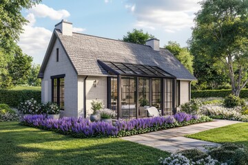 A delightful cottage nestled in the picturesque countryside, adorned by lush gardens and vibrant blooms, creating a serene atmosphere on a beautiful sunny afternoon