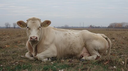 Cow peacefully relaxing in lush green pasture on a sunny day with a beautiful cloudy sky