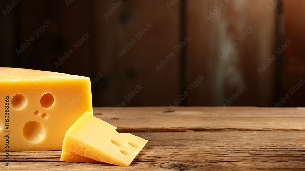 Aufkleber cheese block and slice on rustic wooden table with warm lighting. generative ai