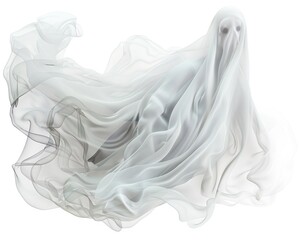 Fototapeta premium Ethereal ghost figure, draped in flowing white fabric, evokes a sense of mystery and the supernatural. Perfect for Halloween or spooky themes.