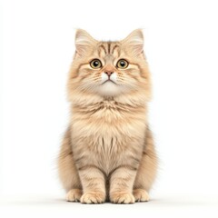 A fluffy golden Burmilla cat sitting gracefully on a white background, showcasing its expressive eyes and soft fur.