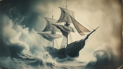 sailing ghost ship in the ocean