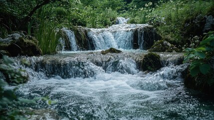 Obraz premium Lush forest waterfall cascading over rocks, nature background, tranquility scene