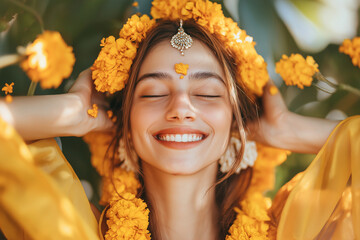 A woman wearing a yellow flower headband and a yellow dress is smiling
