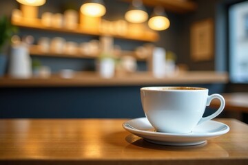 Obraz premium Coffee cup on wooden table with blurred cafe background and bokeh effect, cafe, blur