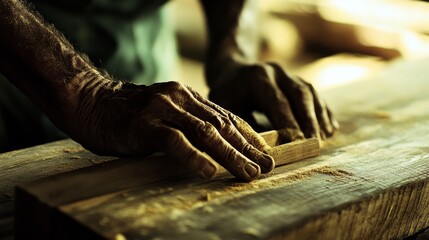 Weathered hands carefully smooth raw wood, with sunlight highlighting every grain in a rustic workshop.