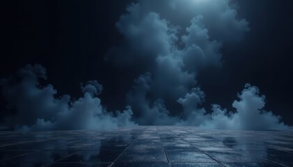 Darkened room with empty floor amidst swirling smoke on black background, mysterious surroundings, eerie ambiance
