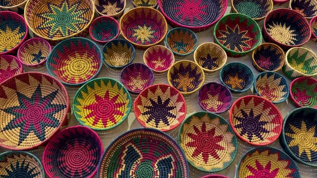 pared con canastas hechas por artesanos mexicanos
