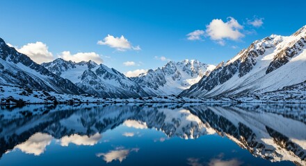 A serene mountain lake reflecting the surrounding snowy peaks under a clear blue sky