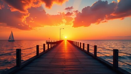 Obraz premium Elegant jetty against a vibrant orange sunset with a few sailboats on the horizon, peaceful, sunset