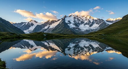 A serene mountain lake reflecting the surrounding snowy peaks under a clear blue sky