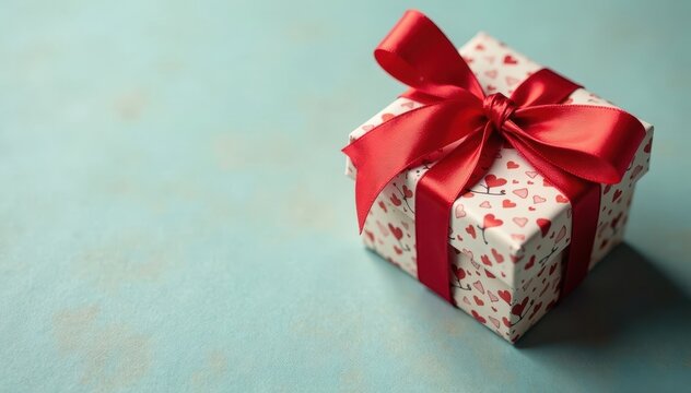 Elegant red ribbon tied around a heart-shaped gift, wrapped in decorative paper and tied with twine, , packaging