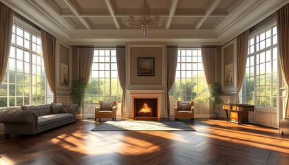 Fototapeta premium Elegant living room interior in a luxury home with hardwood floors and a fireplace, offering views through large windows AI Generated