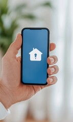 Smartphone in Hand Displaying Home Icon with Question Mark on Blue Screen in Bright Indoor Environment