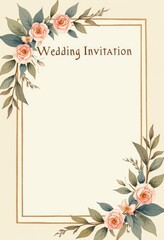 Floral Border With Pink Roses And Green Leaves Surrounding A Blank Space. Wedding Invitation Card Design