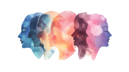 Multiple colored face silhouettes in watercolor style isolated on white background