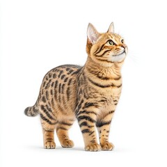 Fototapeta premium A majestic domestic Savannah cat with a spotted coat, poised and curious, showcasing its playful nature and unique patterns.