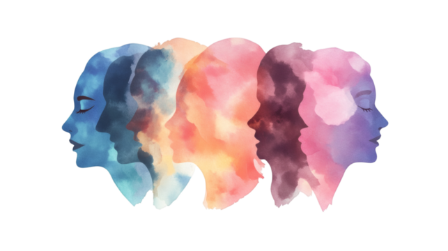 Multiple colored face silhouettes in watercolor style isolated on white background