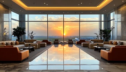 Luxurious lounge with sunset view and modern furnishings.