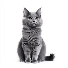 Obraz premium A majestic gray Nebelung cat sits gracefully, showcasing its soft fur and captivating gaze against a clean white background.