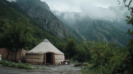 A solitary yurt stands amongst lush mountains shrouded in mist, embodying serene isolation and harmony with nature.