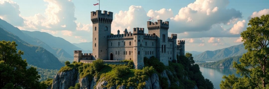Gothic castle keep with battlements and narrow windows, castle, battlements