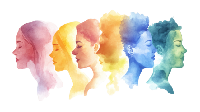 Multiple colored face silhouettes in watercolor style isolated on white background