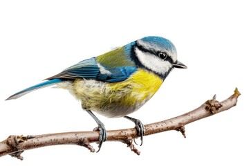 Obraz premium Sharp Picture of Cute Blue Tit Bird on a Branch, Isolated on White