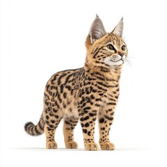 Fototapeta premium A playful and striking serval cat showcasing its unique spotted coat and alert posture, perfect for wildlife enthusiasts.