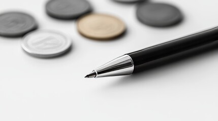Coins placed next to a black pen on a white background are very interesting for creating financial business illustration and education projects.