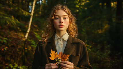 Fototapeta premium A woman is holding a leaf in her hand while standing in a forest