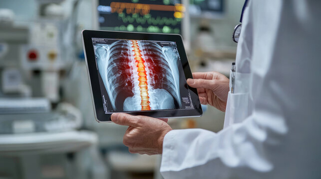 Doctor examining digital x-ray of spinal column in medical setting