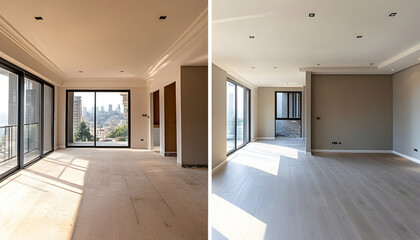 Empty room showcasing before and after restoration by an interior design team. AI Generated