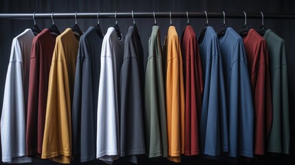 Close up of colorful  t-shirts on hangers for man, apparel background. Variety of colors of mens t-shirts. Gray, black, white, olive, green, blue, burgundy