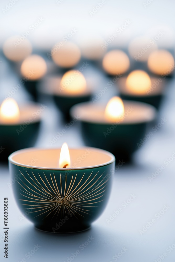 Poster a collection of glowing candles arranged in a serene setting, creating a calming and warm atmosphere