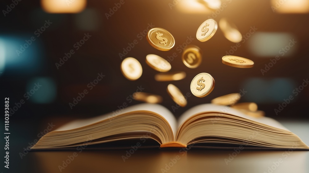 Poster an open book with glowing coins floating above it, symbolizing knowledge and wealth, blends educatio