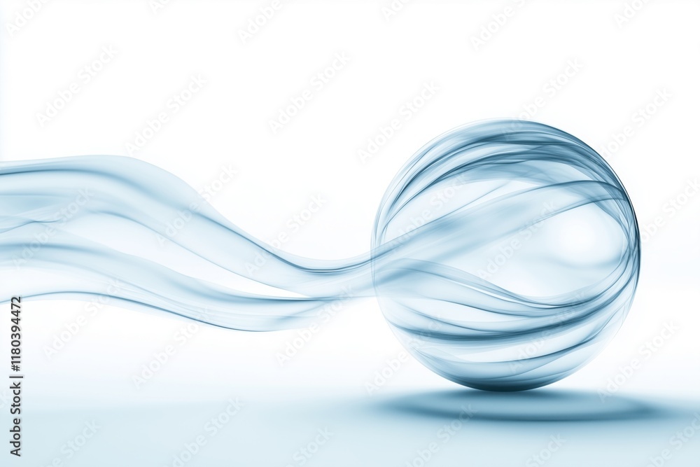 Poster a translucent sphere surrounded by flowing waves, evoking a sense of fluidity and motion against a m