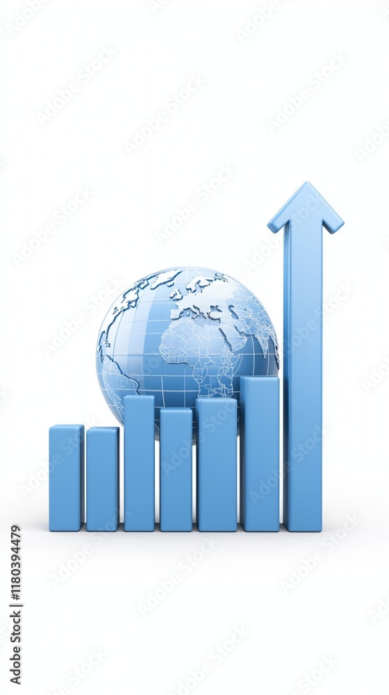 Poster a blue graph with ascending bars and an arrow, alongside a globe, representing global growth and dat