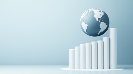 A 3D globe hovers above a series of white bar charts, symbolizing global growth and data analysis on a minimalist background.