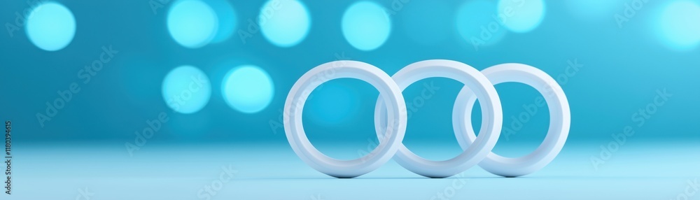 Poster three white rings are displayed against a soft blue background with bokeh, creating a minimalist and