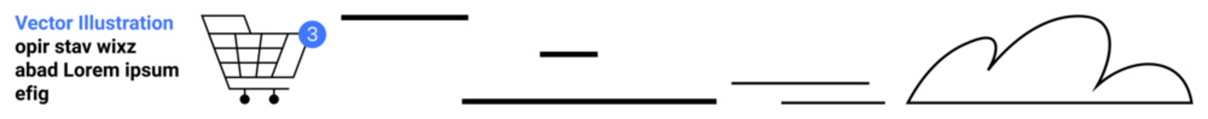 Shopping cart with notification, horizontal cloud storage sync symbol, download progress bar, and cloud icon. Ideal for e-commerce, cloud storage, app updates, progress tracking, tech, notifications