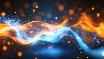 Entangled glowing orange and blue particles in a mesmerizing fusion of light AI Generated