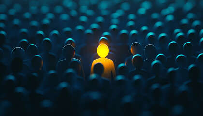 Obraz premium Unique yellow figure standing out in a crowd of blue figures