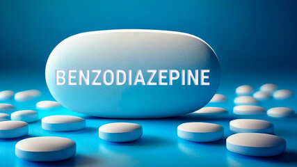 Benzodiazepine pill with the name printed on it, blue background
