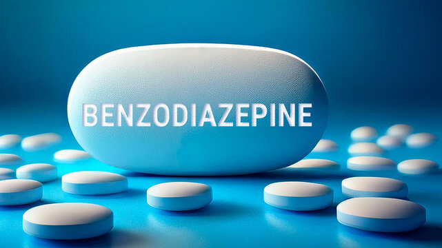 Benzodiazepine pill with the name printed on it, blue background