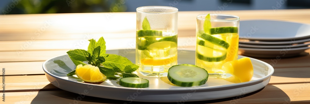 Poster refreshing summer drinks with fresh cucumbers and mint on a sunny table. generative ai