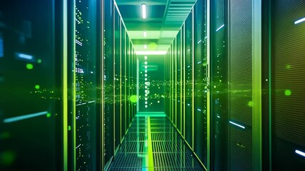 The interior of a data center glows with vivid green lights, showcasing rows of server racks. This nighttime scene emphasizes technology, digital storage solutions, and cybersecurity in a modern - Powered by Adobe