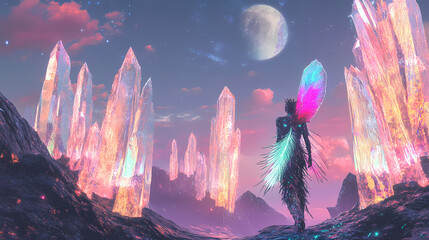 Obraz premium A being with feather-like skin textures exploring a floating archipelago of glowing crystal islands. Crystalpath. Illustration