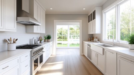 Modern Bright Kitchen Interior with White Cabinets and Natural Light Streaming In Through Large Windows